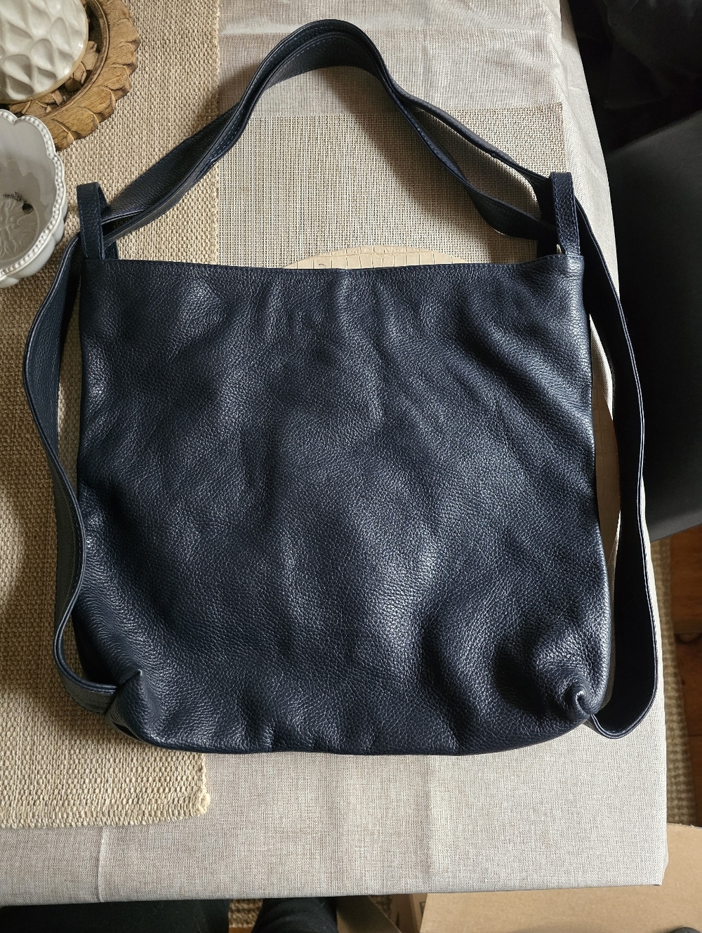 Classic Navy Genuine Leather Convertable Shoulder Bag Or Backpack